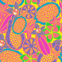 Doodle seamless pattern on yellow backdrop. Vector pattern. Neon colors rainforest texture. Bright fashion background.  Tropical nature colorful design. Tropical bright backdrop. Sweet fruit