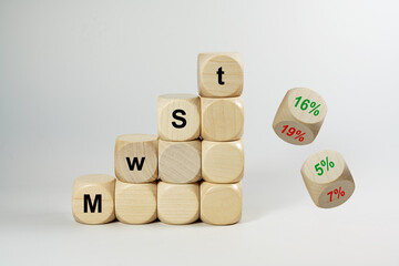 MwSt (value added tax) written on a stack of dices, two are falling and turn from 19% to 16% and 7 % to 5 %, German economic stimulus package after the coronavirus pandemic, copy space
