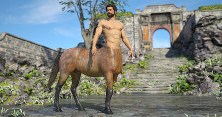3D Rendering : A portrait of the male centaur, a pinup centaur posing in the forest - obrazy, fototapety, plakaty