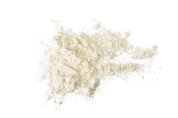 Fototapeta na wymiar Pile of flour isolated on white background. Top view. Flat lay