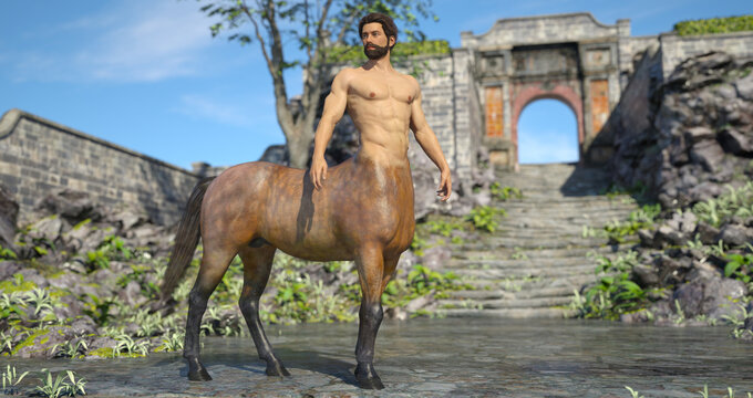 3D Rendering : A portrait of the male centaur, a pinup centaur posing in the forest