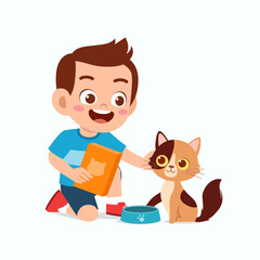 happy cute little kid boy play with pet cat