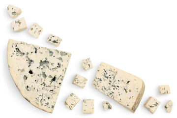 Blue cheese slices isolated on white background with clipping path . Top view with copy space for your text . Flat lay.