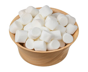 Marshmallow in wooden bowl isolated on white background with clipping path and full depth of field