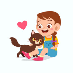 happy cute little kid girl play with pet cat