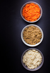 Plates with assortment of spreads, healthy snack