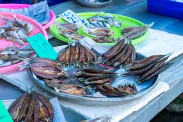 Fresh seafood on the counter at the fish market by the ocean.