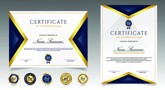 Certificate of appreciation template, gold and blue color. Clean modern certificate with gold badge. Certificate border template with luxury and modern line pattern. Diploma vector template
