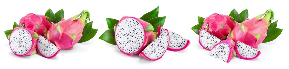 Ripe Dragon fruit, Pitaya or Pitahaya isolated on white background, fruit healthy concept. Set or collection