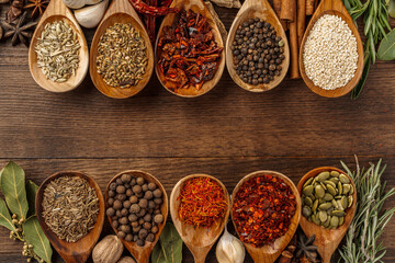 Vivid colorful spices in wooden spoons on wooden background