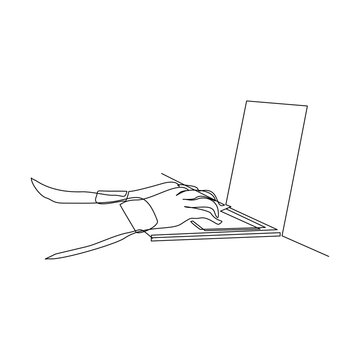 Continuous line drawing of hand fingers typing on laptop for business office work or social media concept. Vector illustration