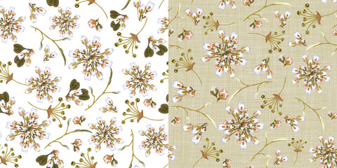 Flower set. Seamless vector isolated pattern. Trendy art style on a white and green textured background. Spring, summer field plants for the design of backgrounds, textiles, wallpaper, postcards