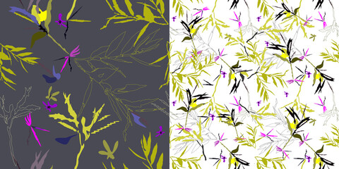 Seamless pattern with abstract themes. A set of two vectors with randomly arranged branches and leaves on a dark and light background. For textiles, wallpapers, clothes, decorative surfaces