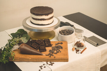 Products for desserts, chocolate fondant. Ingredients for cooking flour products or dessert