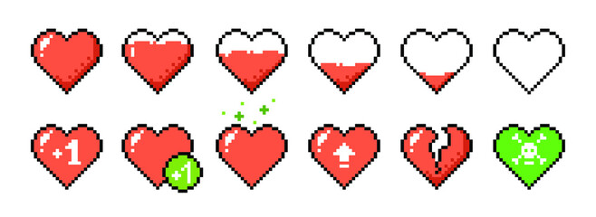 Pixel health heart bar. Set of flat game design elements. Icons in the 8 bit style. Getting life and regen, heal signs. Isolated black and red vector game symbols on white background, EPS10. © NastyaTsy