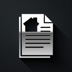 Silver House contract icon isolated on black background. Contract creation service, document formation, application form composition. Long shadow style. Vector Illustration.