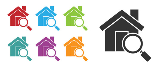 Black Search house icon isolated on white background. Real estate symbol of a house under magnifying glass. Set icons colorful. Vector Illustration.
