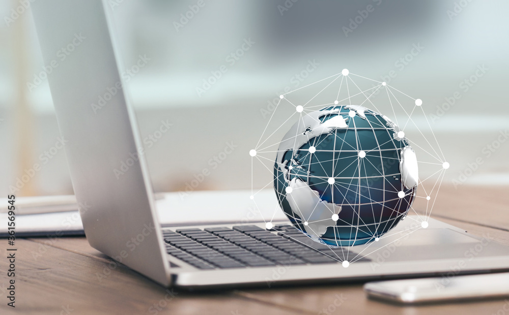 Poster Collage with laptop computer and planet surrounded by global network