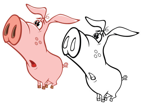 Vector Illustration of a Cute Cartoon Character Pig for you Design and Computer Game. Coloring Book Outline Set 