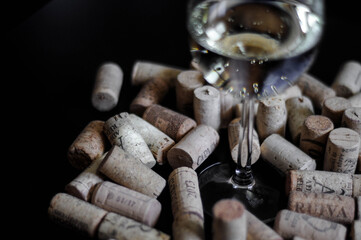 White wine glass with bubbles and cork wine on a black background