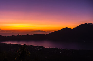 Sunrise panorama view from top of Batur volcano