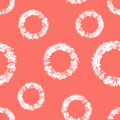 Seamless trendy abstract Memphis circles pattern. Coral and white colors, textures, simple design. Vector illustration. Applicable for backgrounds, wrapping paper, textile concepts.