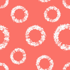 Seamless trendy abstract Memphis circles pattern. Coral and white colors, textures, simple design. Vector illustration. Applicable for backgrounds, wrapping paper, textile concepts.