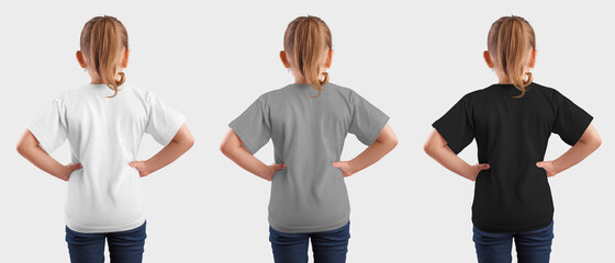 Mockup white, gray, black t-shirt on a girl in blue jeans on a background in the studio, back view,...