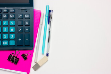 Financial or accounting background with place for text. Calculator, stationery