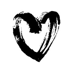 Hand drawn black heart silhouette with grunge brush and pencil (chalk or charcoal) texture. Vector illustration made by tracing. White background.