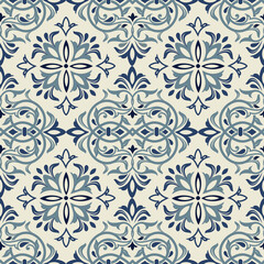 Seamless Damask pattern. Majolica pottery tile azulejo, original traditional Portuguese and Spain decor. Seamless pattern with Victorian motives. Vector illustration.