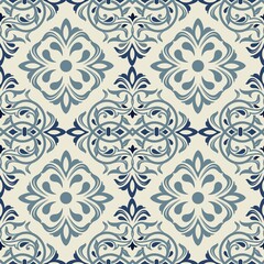 Seamless Damask pattern. Majolica pottery tile azulejo, original traditional Portuguese and Spain decor. Seamless pattern with Victorian motives. Vector illustration.