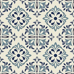 Seamless Damask pattern. Majolica pottery tile azulejo, original traditional Portuguese and Spain decor. Seamless pattern with Victorian motives. Vector illustration.
