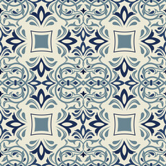 Seamless Damask pattern. Majolica pottery tile azulejo, original traditional Portuguese and Spain decor. Seamless pattern with Victorian motives. Vector illustration.