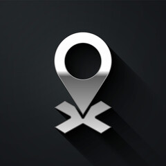 Silver Map pin icon isolated on black background. Navigation, pointer, location, map, gps, direction, place, compass, search concept. Long shadow style Vector Illustration