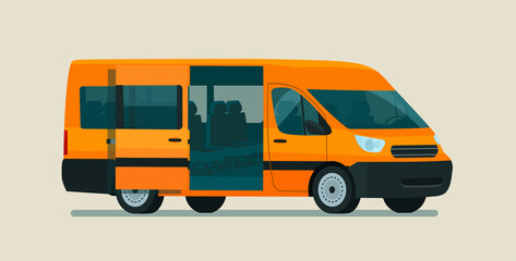 Passenger van car with open door isolated. Vector flat style illustration.