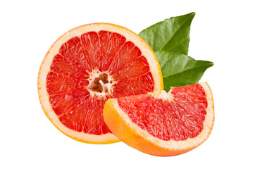 Composition of sliced grapefruit slices with green leaves isolated on white background. Citrus, red, orange, sour, juicy. Close-up details.