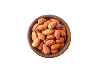 Studio shot of almonds on white background. Heap of almond isolated on white. Nuts in a bowl with copy space for text. Almonds close-up. Top view. Almonds isolation.