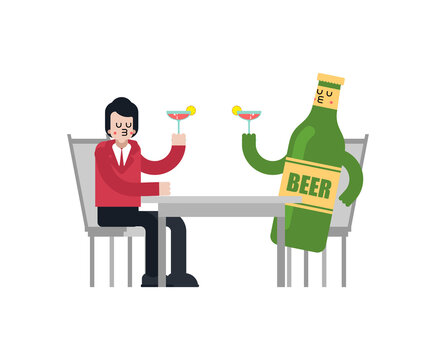 Beer lover Sitting in restaurant. Guy and bottle of beer. Romantic relationship with alcohol. Love of alcohol. Illustration 8