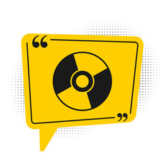 Black CD or DVD disk icon isolated on white background. Compact disc sign. Yellow speech bubble symbol. Vector Illustration.