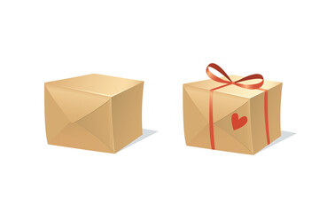 Gift boxes wraped in recycled paper. Blank and with ribbon bow. Cartoon style vector graphic. Isolated on white.
