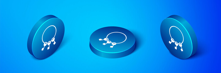 Isometric Bunch of keys icon isolated on blue background. Blue circle button. Vector Illustration.