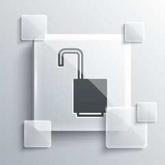Grey Open padlock icon isolated on grey background. Opened lock sign. Cyber security concept. Digital data protection. Square glass panels. Vector Illustration.