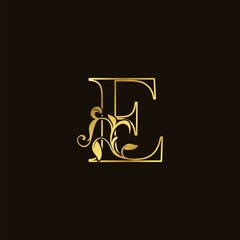 E Letter Golden Outline Initial Nature Tropical Leaf logo Icon vector design