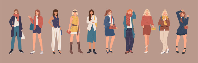 Fototapeta premium Collection of stylish women dressed in casual and formal trendy clothes. Young fashionable girls flat cartoon illustration