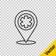 Fototapeta premium Black line Medical map pointer with cross hospital icon isolated on transparent background. Vector Illustration.