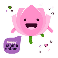 cute smiling cartoon Lotus flower. Sri Krishna janmashtami character with speech bubble text happy janmashtami. icon or emblem for the janmashtami festival.