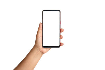 The hand is holding the white screen, the mobile phone is isolated on a white background with the clipping path.