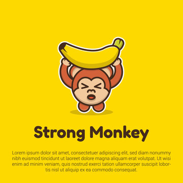 Vector illustration of cute monkey raises a banana logo, icon, sticker design template