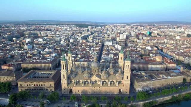 Aerial view of Zaragoza with the Basilica of the Pillar and Ebro River in Zaragoza. Drone Footage